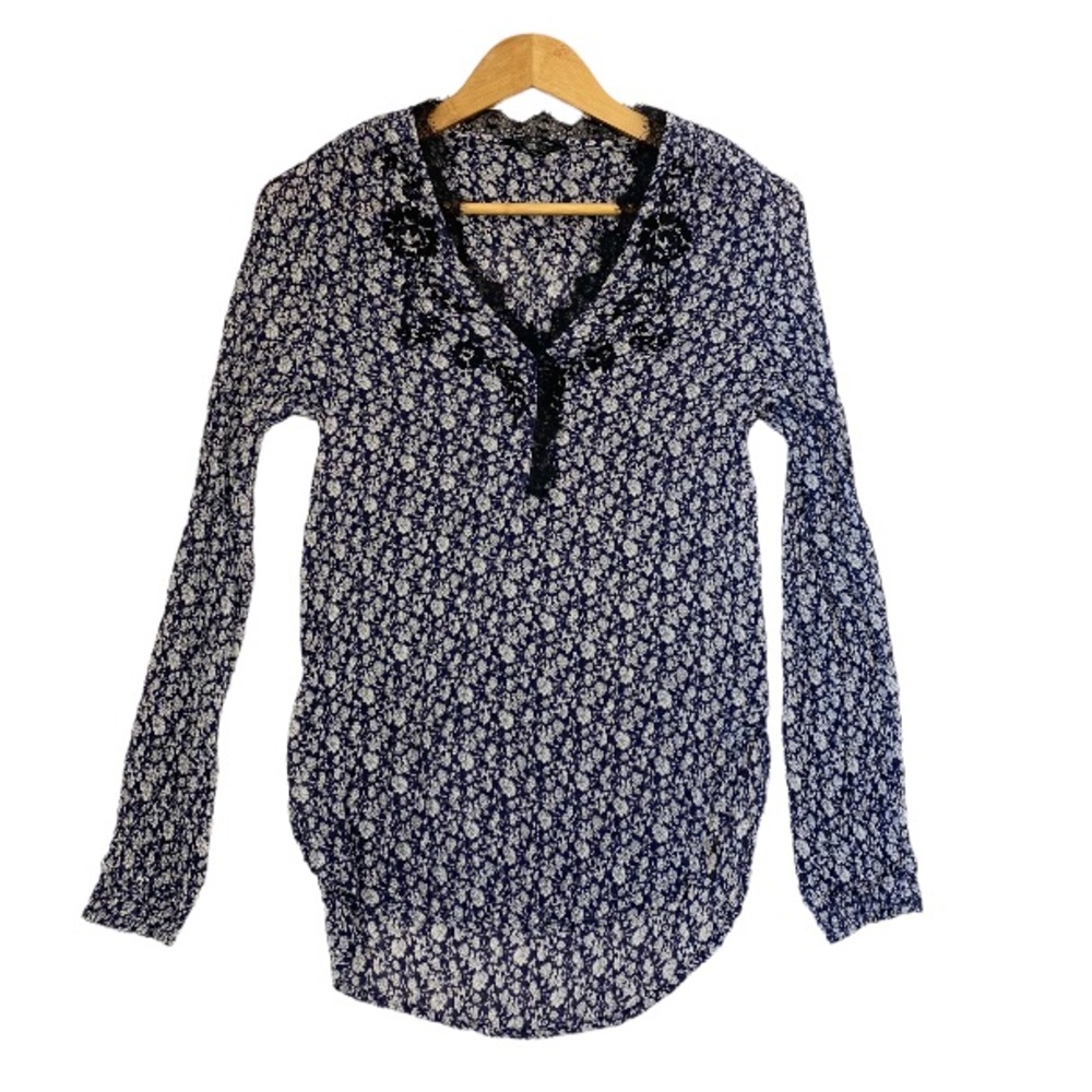 Lucky Brand Floral Boho Crinkle Fabric Embroidered Tunic Top